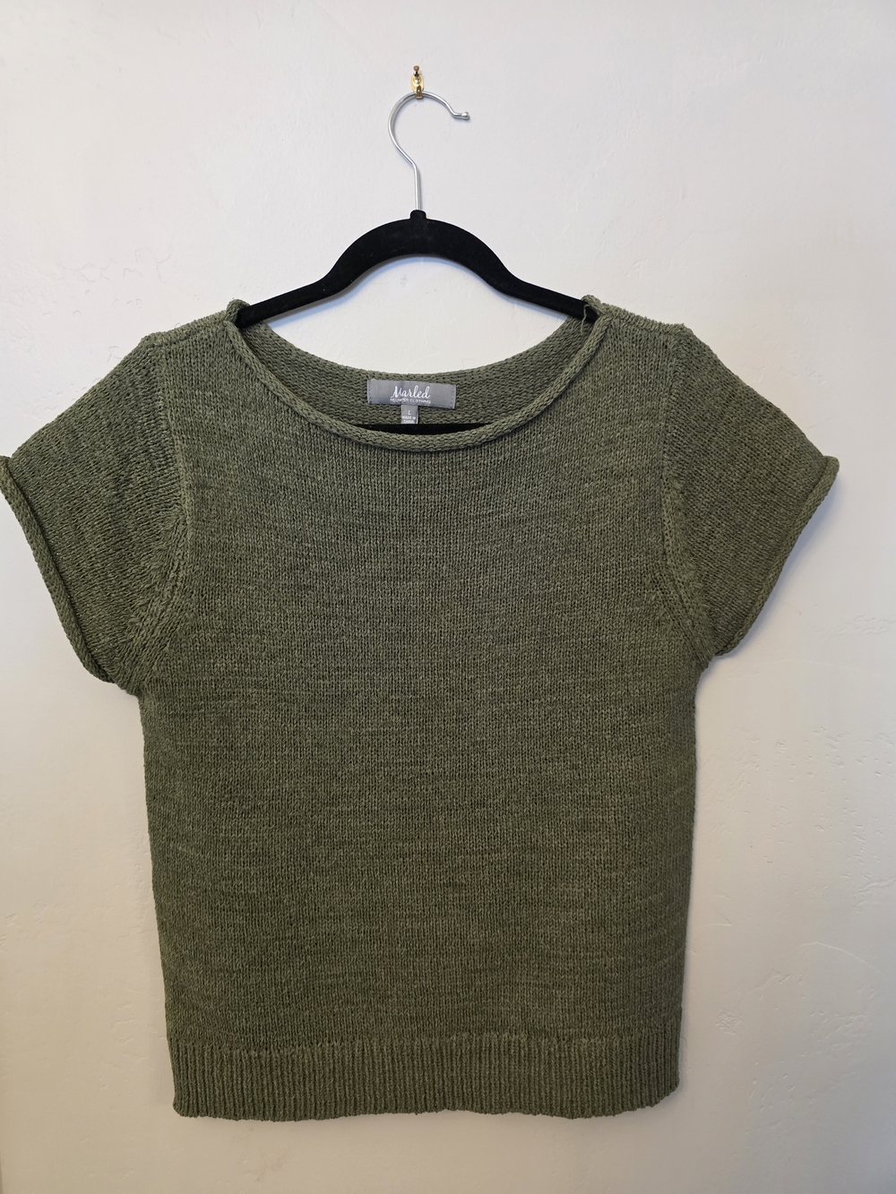 Marled Olive Short-Sleeve Scoop Crew Sweater